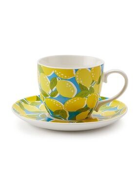 Draper James Lemon Pattern Teacup & Saucer - Blue & Yellow NIB 🍋